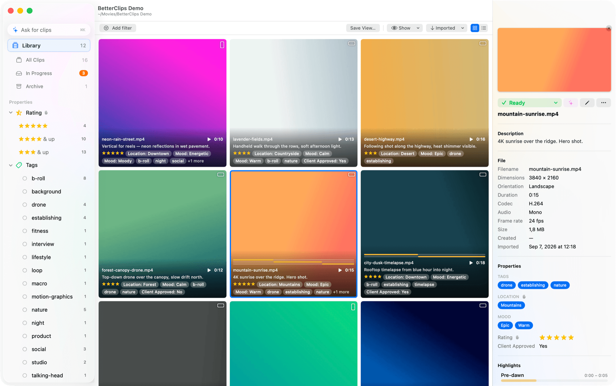 The BetterClips window: the Library shelf as a grid of clips, with the inspector open on one.