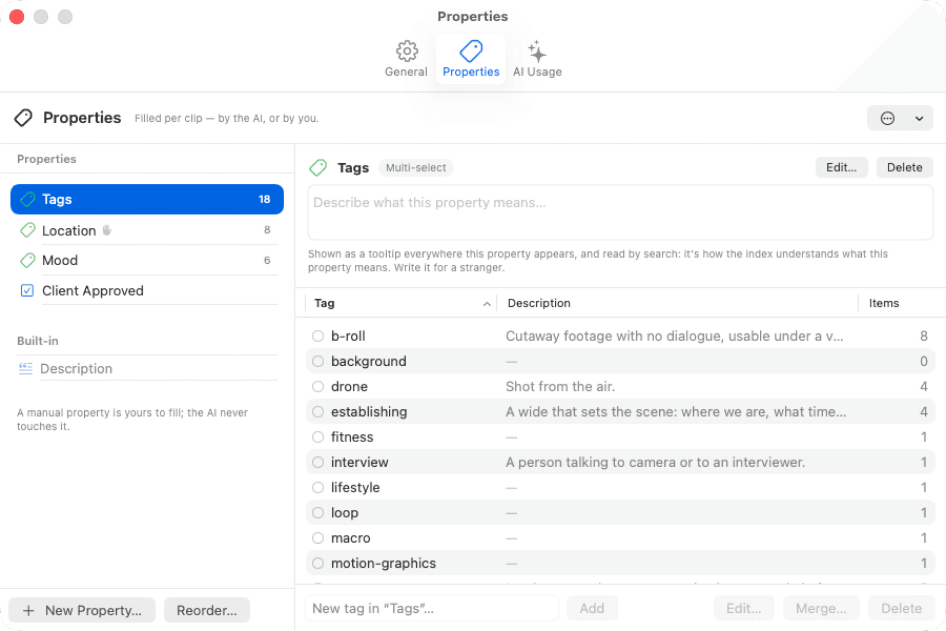 The Properties settings: a list of properties, one selected with its tags and their descriptions.