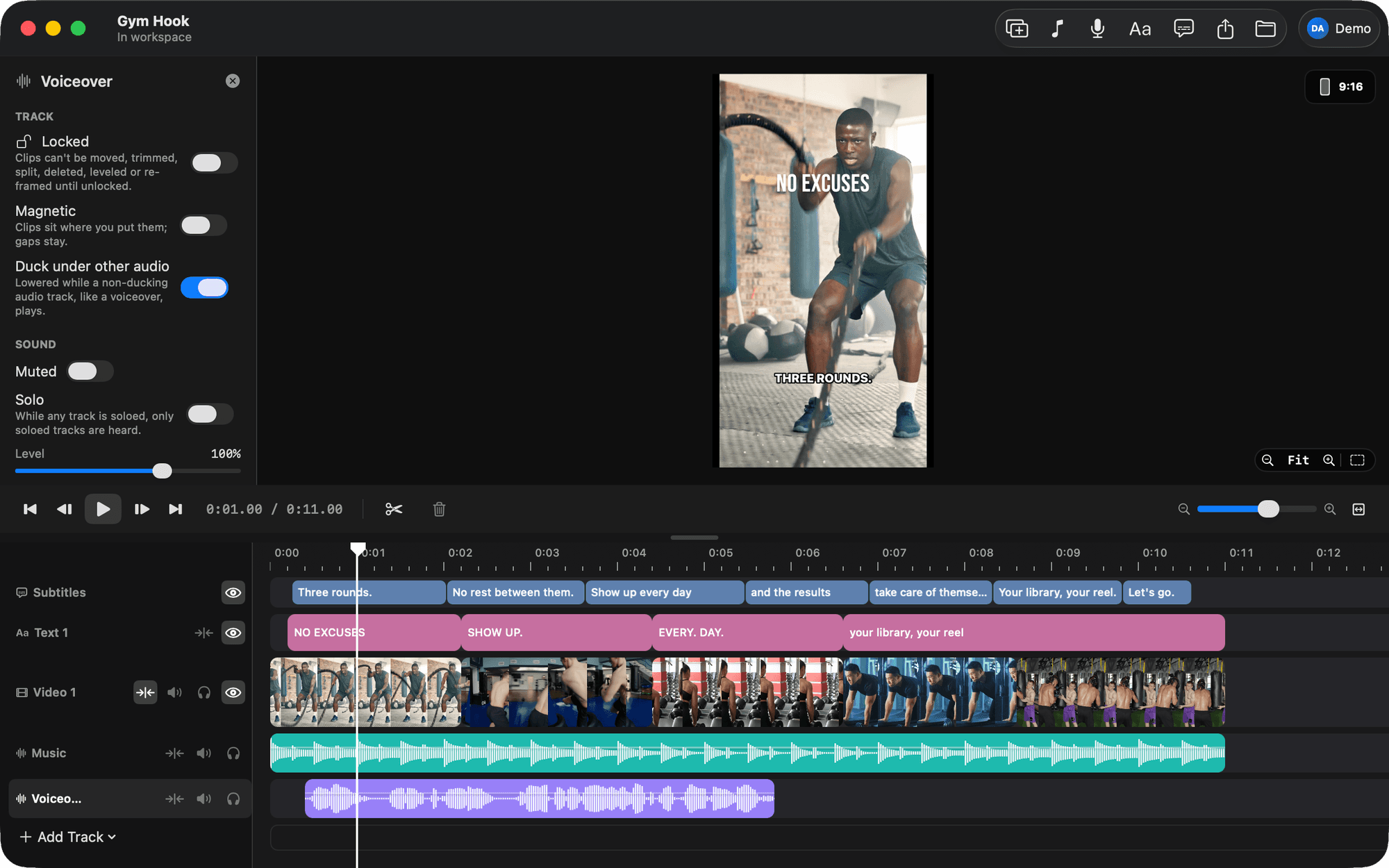 The timeline after Claude Code moved the hook text and switched the captions to Bold Outline.