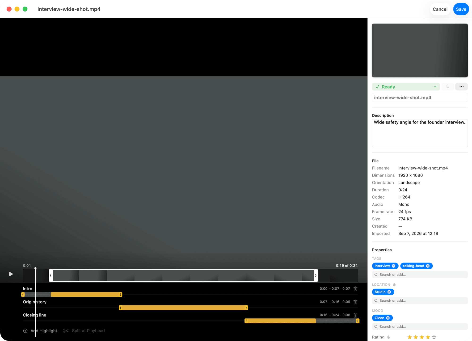 A clip page: the clip strip with named highlight rows under it and the inspector beside it.