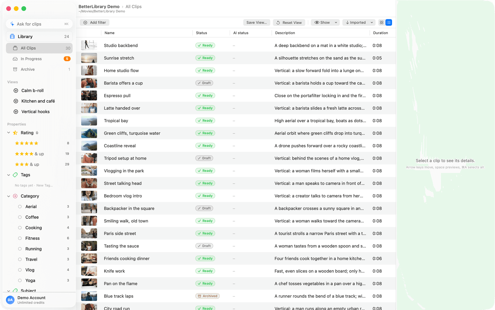 The All Clips shelf as a table: thumbnail, name, status, AI status, description and duration for every clip.